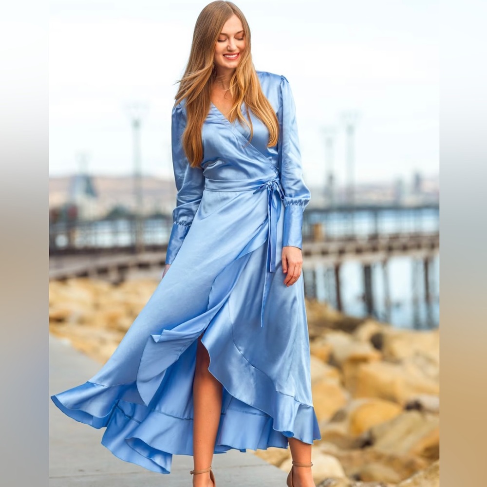 Sky blue satin silk wrap dress